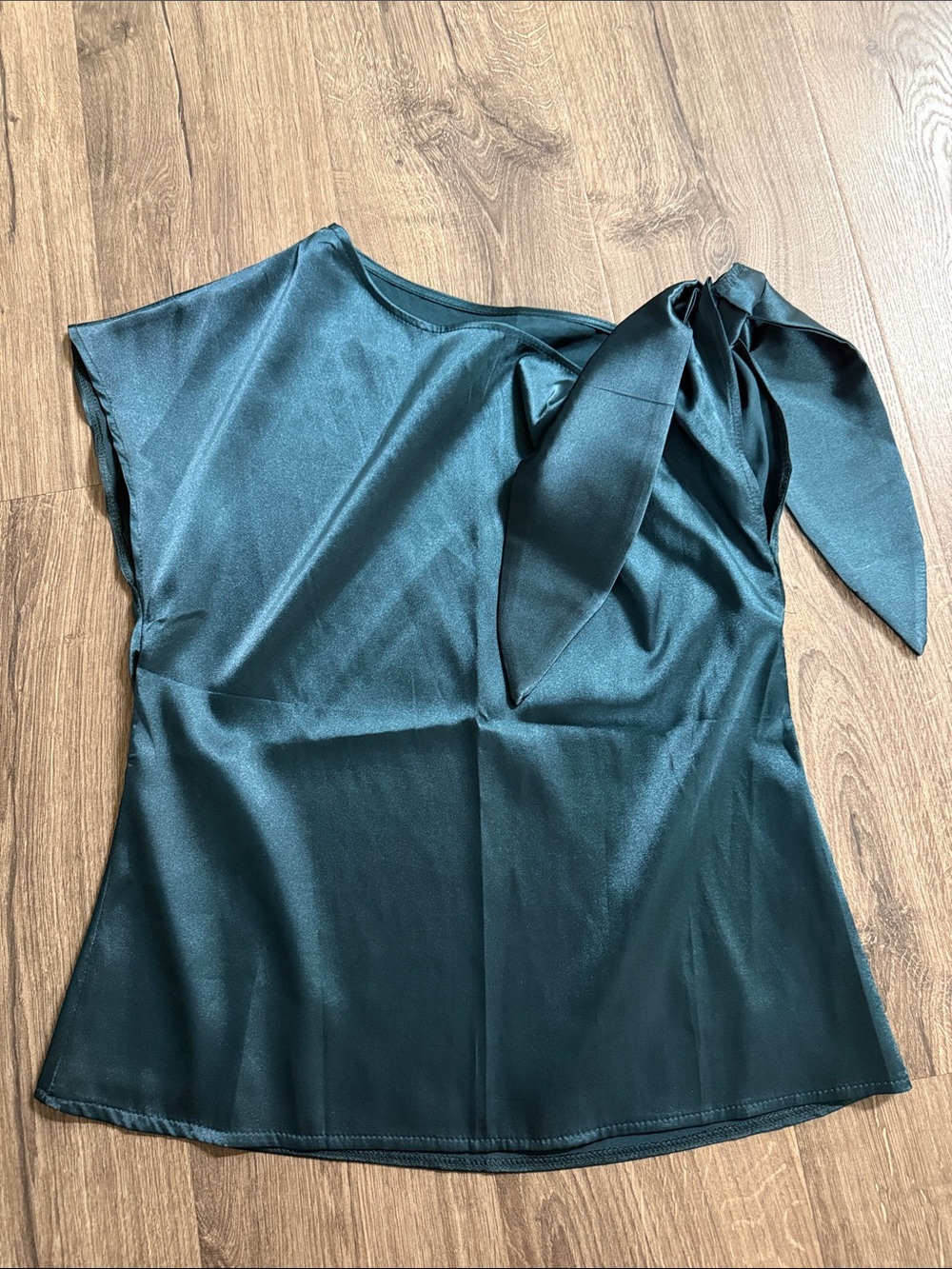 Satin One-Shoulder Tie Detail Women’s Top — Teal Green